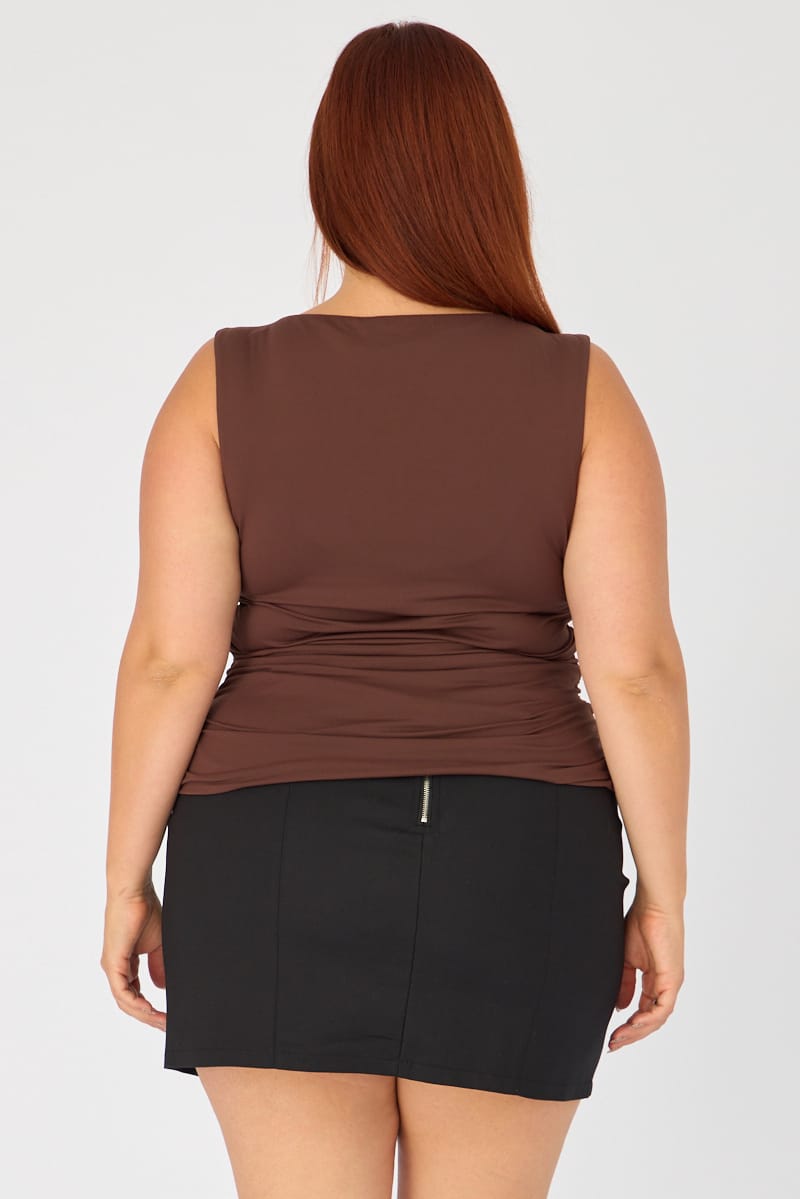 Brown Ruched Top Sleeveless Double Layered for YouandAll Fashion