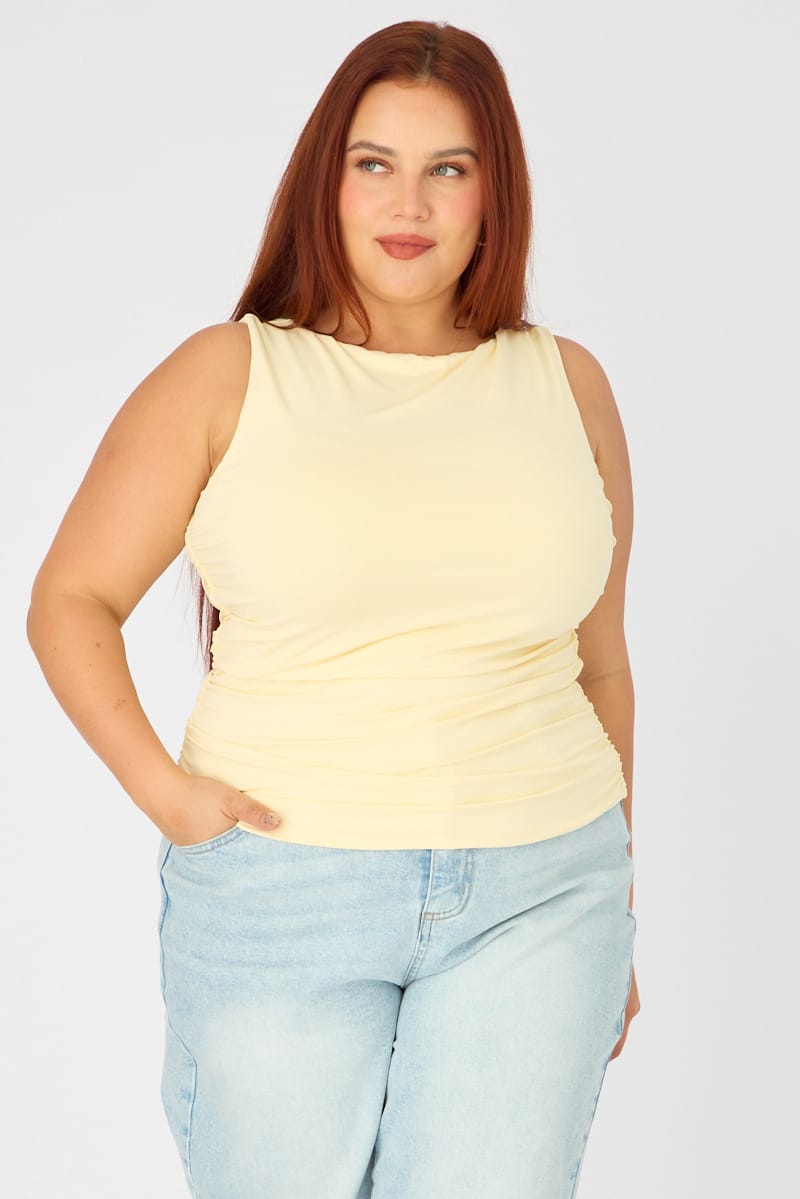Yellow Ruched Top Sleeveless Double Layered for YouandAll Fashion