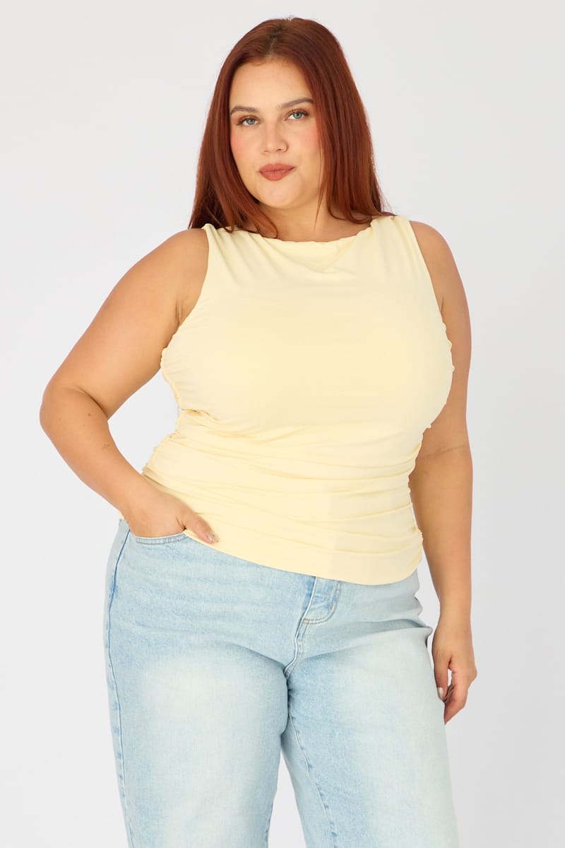 Yellow Ruched Top Sleeveless Double Layered for YouandAll Fashion