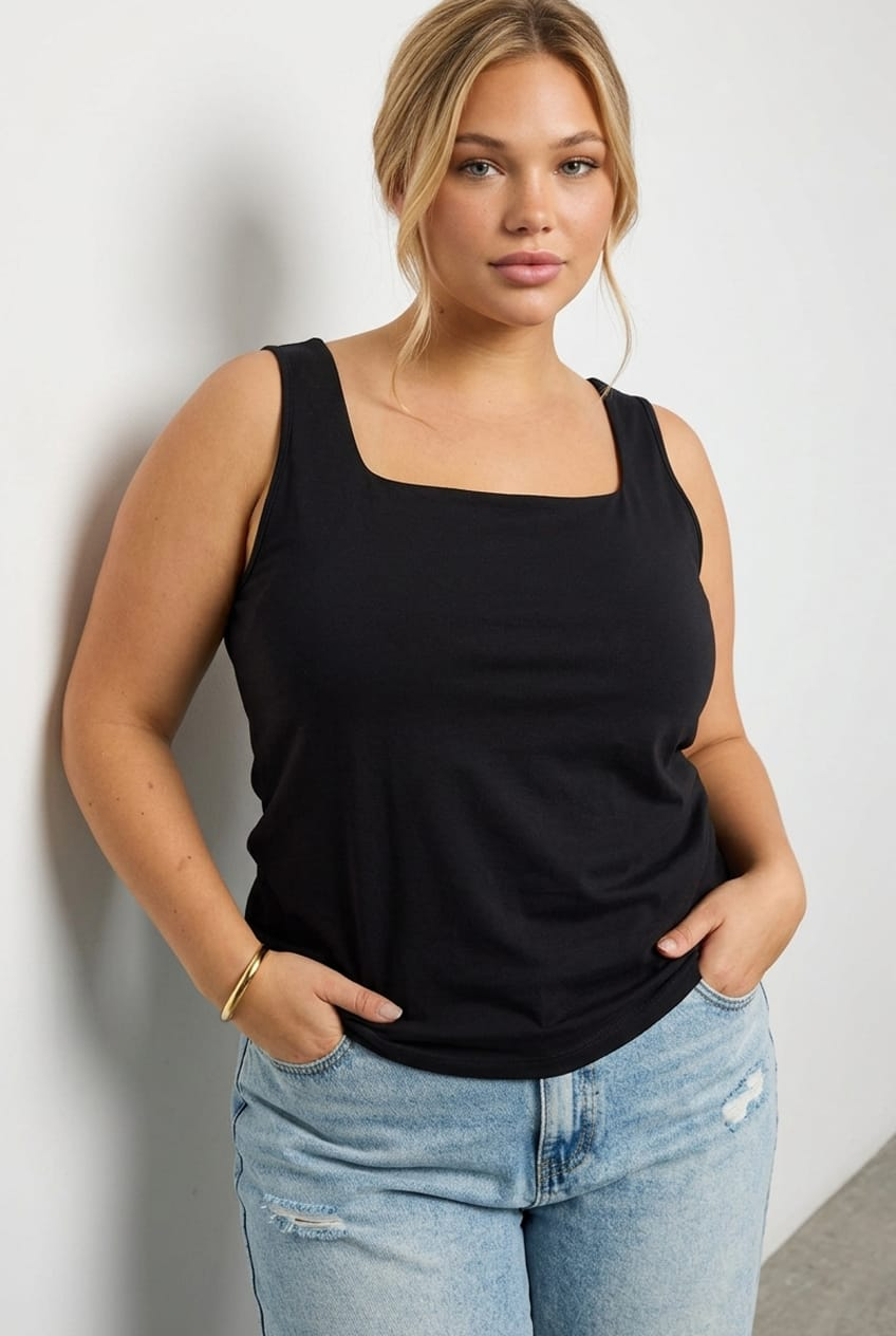Black Basic Top Sleeveless Square Neck Double Layered for YouandAll Fashion