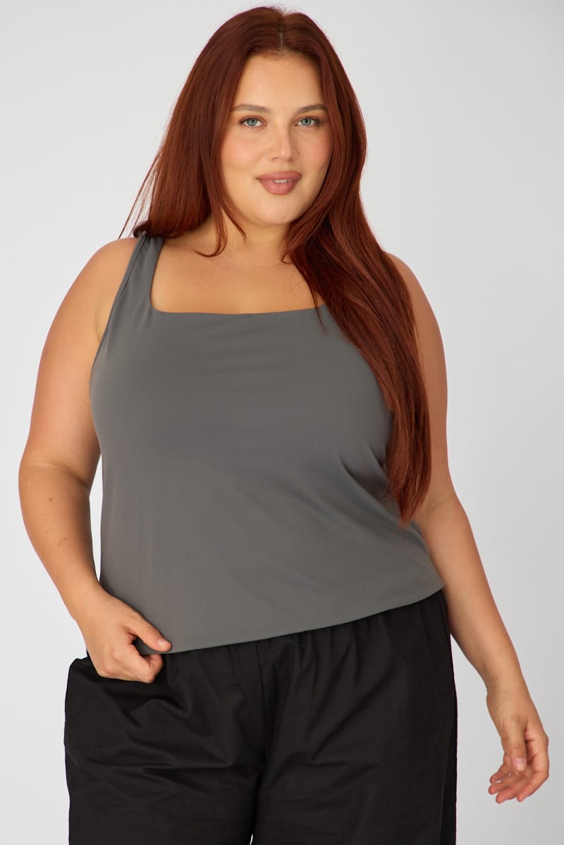 Grey Basic Top Sleeveless Square Neck Double Layered for YouandAll Fashion