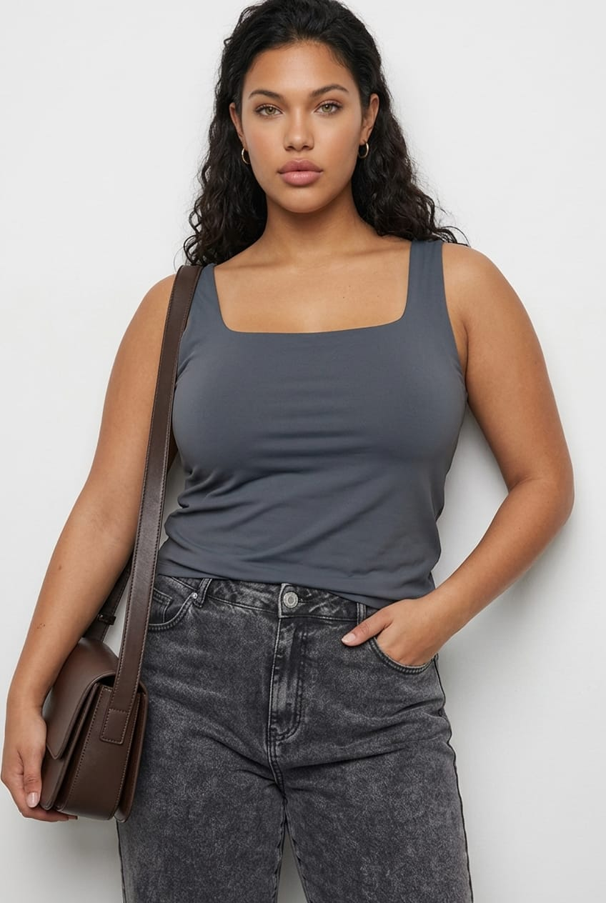 Grey Basic Top Sleeveless Square Neck Double Layered for YouandAll Fashion
