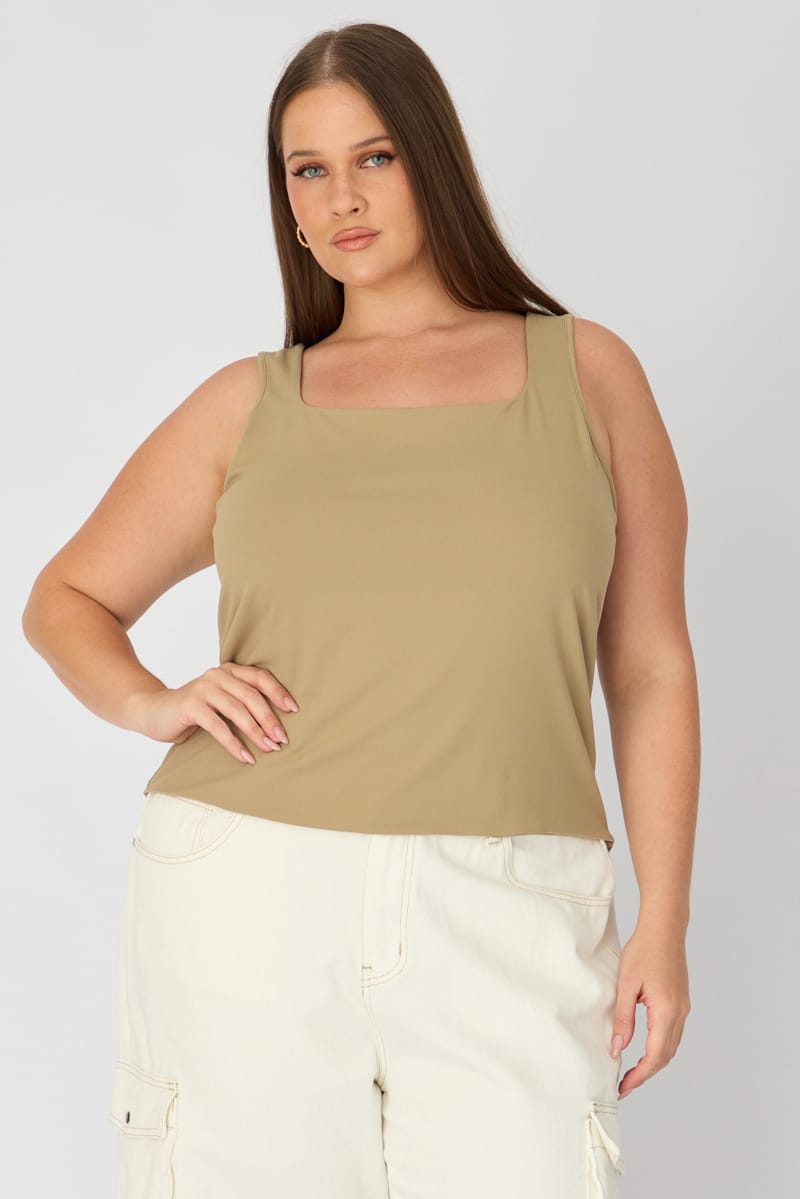 Brown Basic Top Sleeveless Square Neck Double Layered for YouandAll Fashion