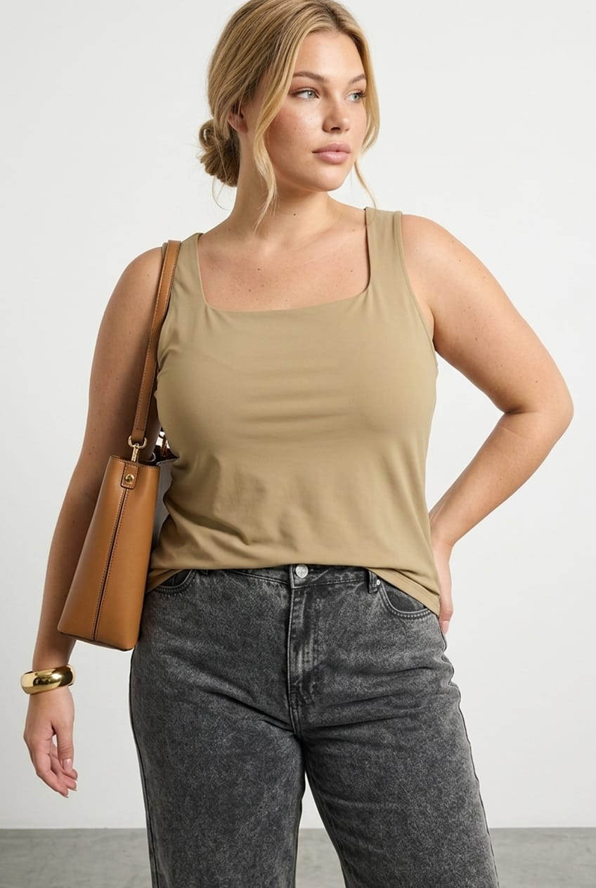 Brown Basic Top Sleeveless Square Neck Double Layered for YouandAll Fashion