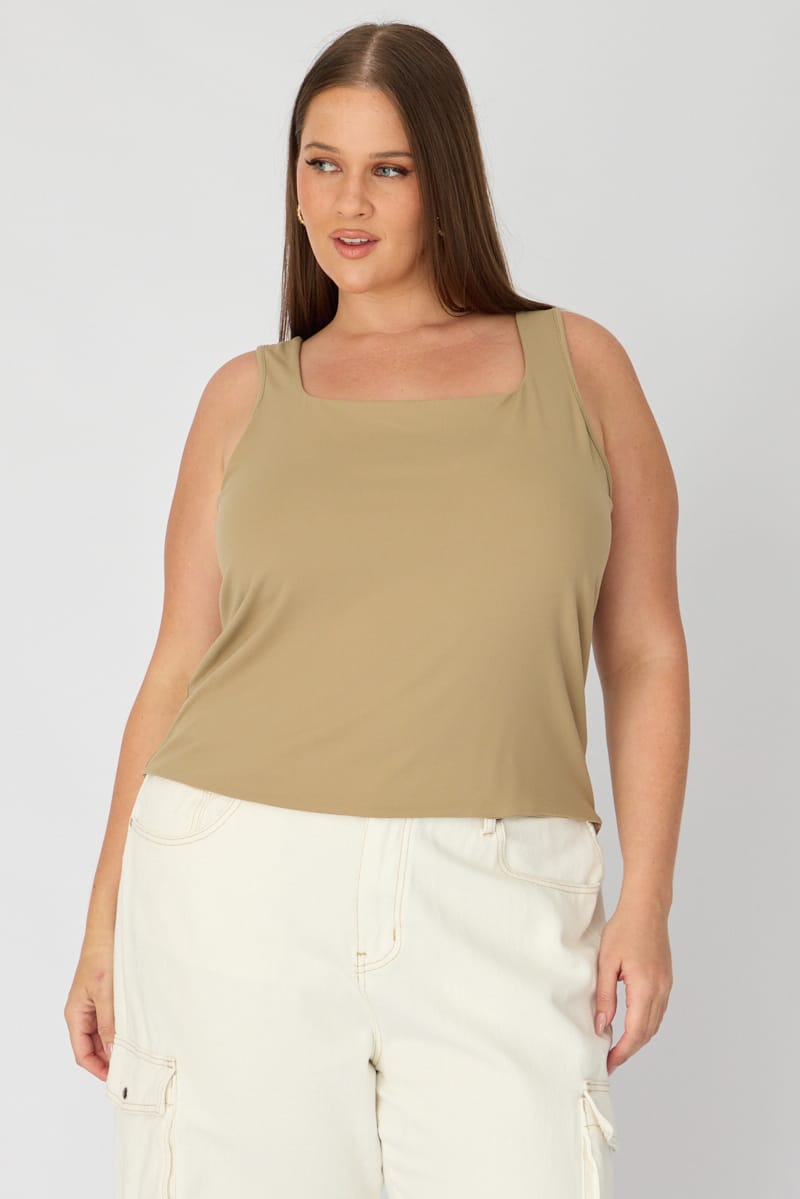 Brown Basic Top Sleeveless Square Neck Double Layered for YouandAll Fashion