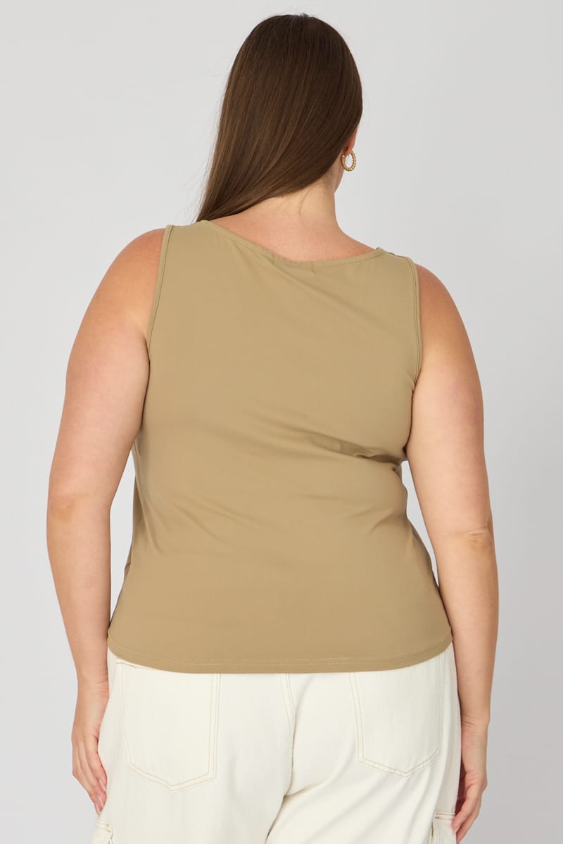 Brown Basic Top Sleeveless Square Neck Double Layered for YouandAll Fashion