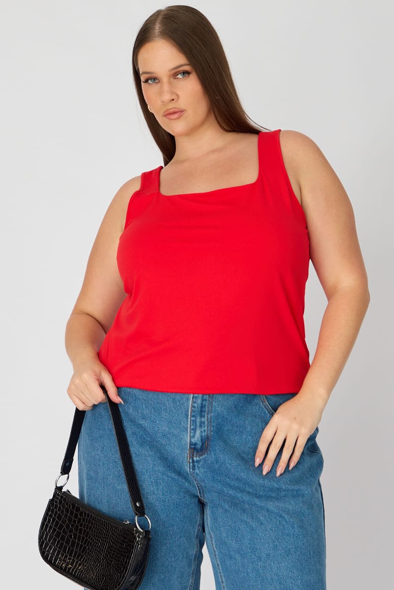 Red Basic Top Sleeveless Square Neck Double Layered for YouandAll Fashion