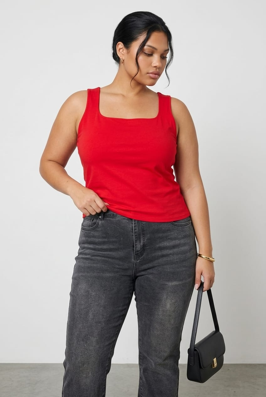 Red Basic Top Sleeveless Square Neck Double Layered for YouandAll Fashion