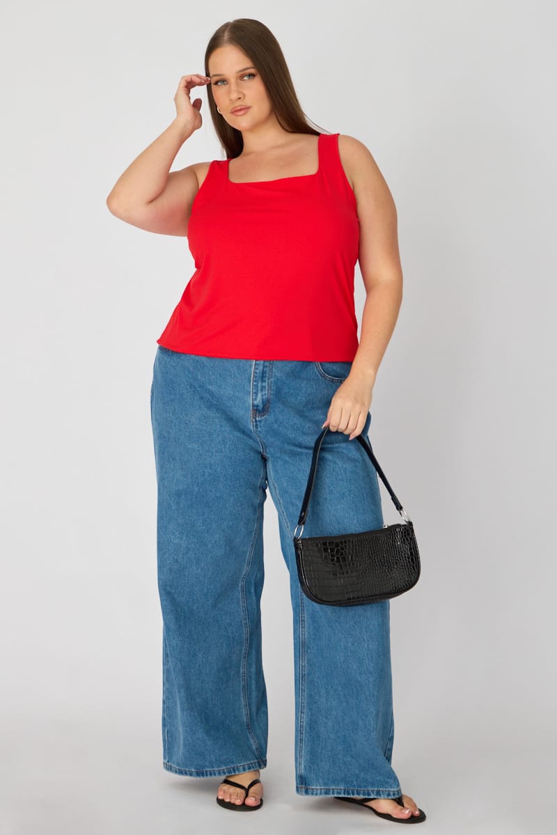 Red Basic Top Sleeveless Square Neck Double Layered for YouandAll Fashion