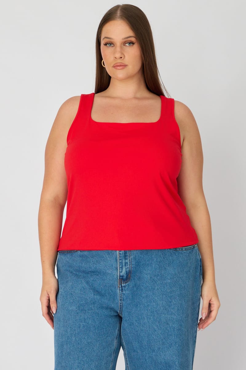 Red Basic Top Sleeveless Square Neck Double Layered for YouandAll Fashion