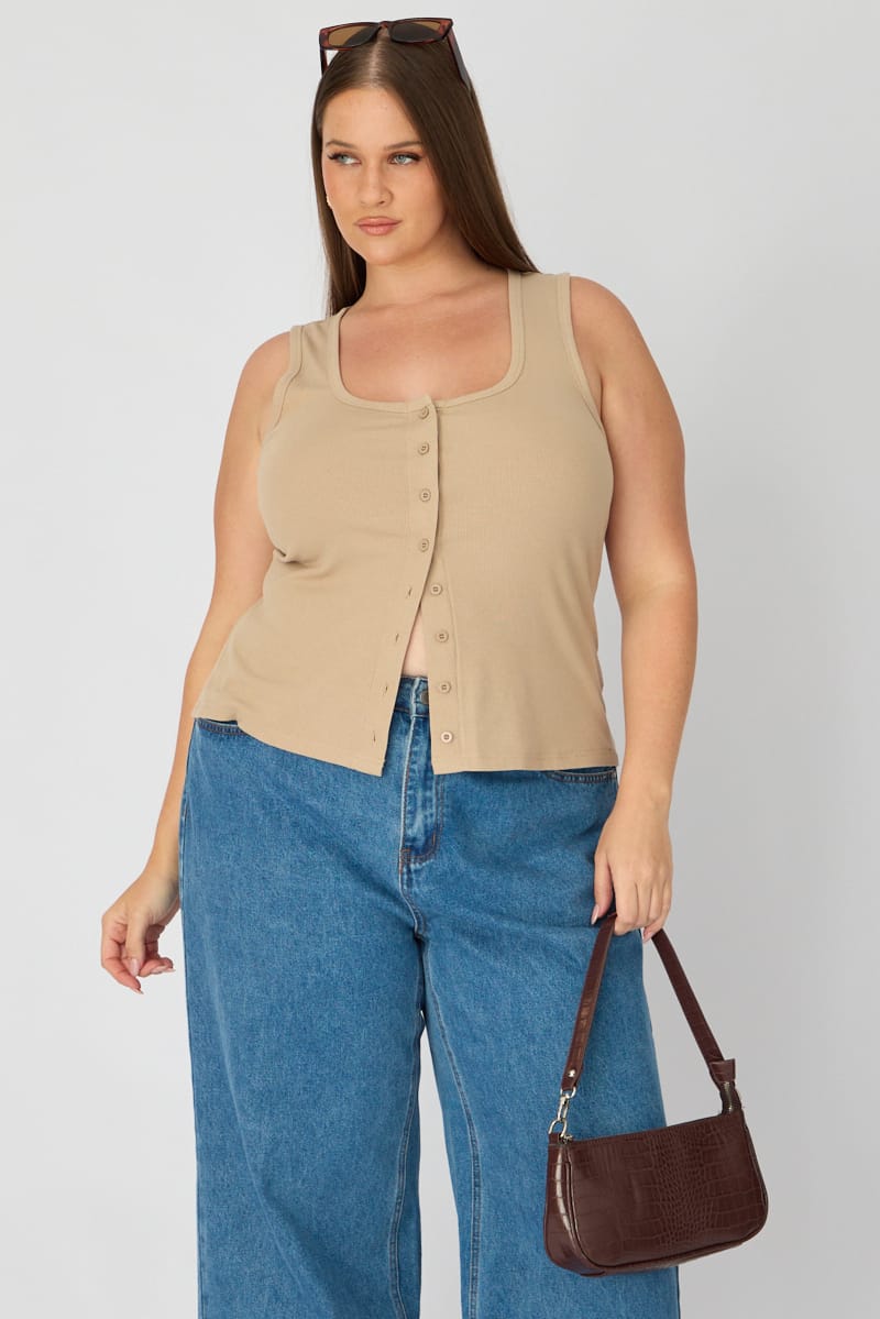 Beige Tank Top Sleeveless Button Front Rib for YouandAll Fashion