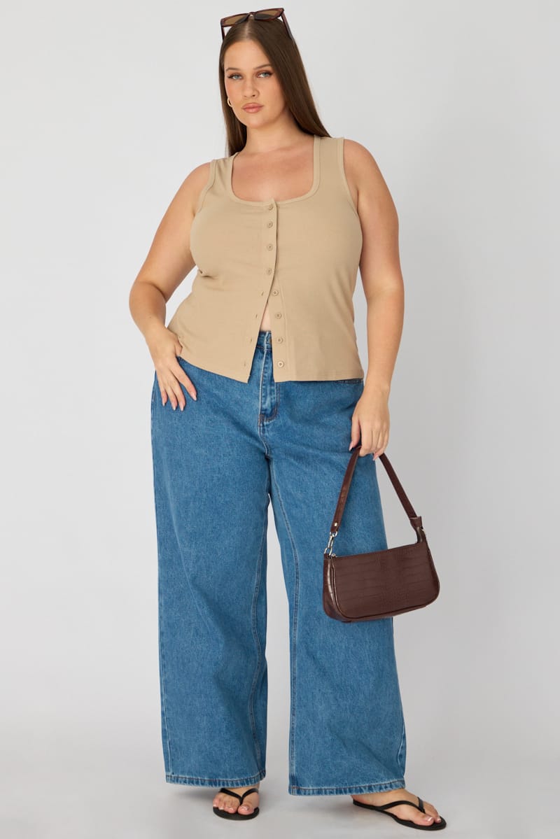 Beige Tank Top Sleeveless Button Front Rib for YouandAll Fashion