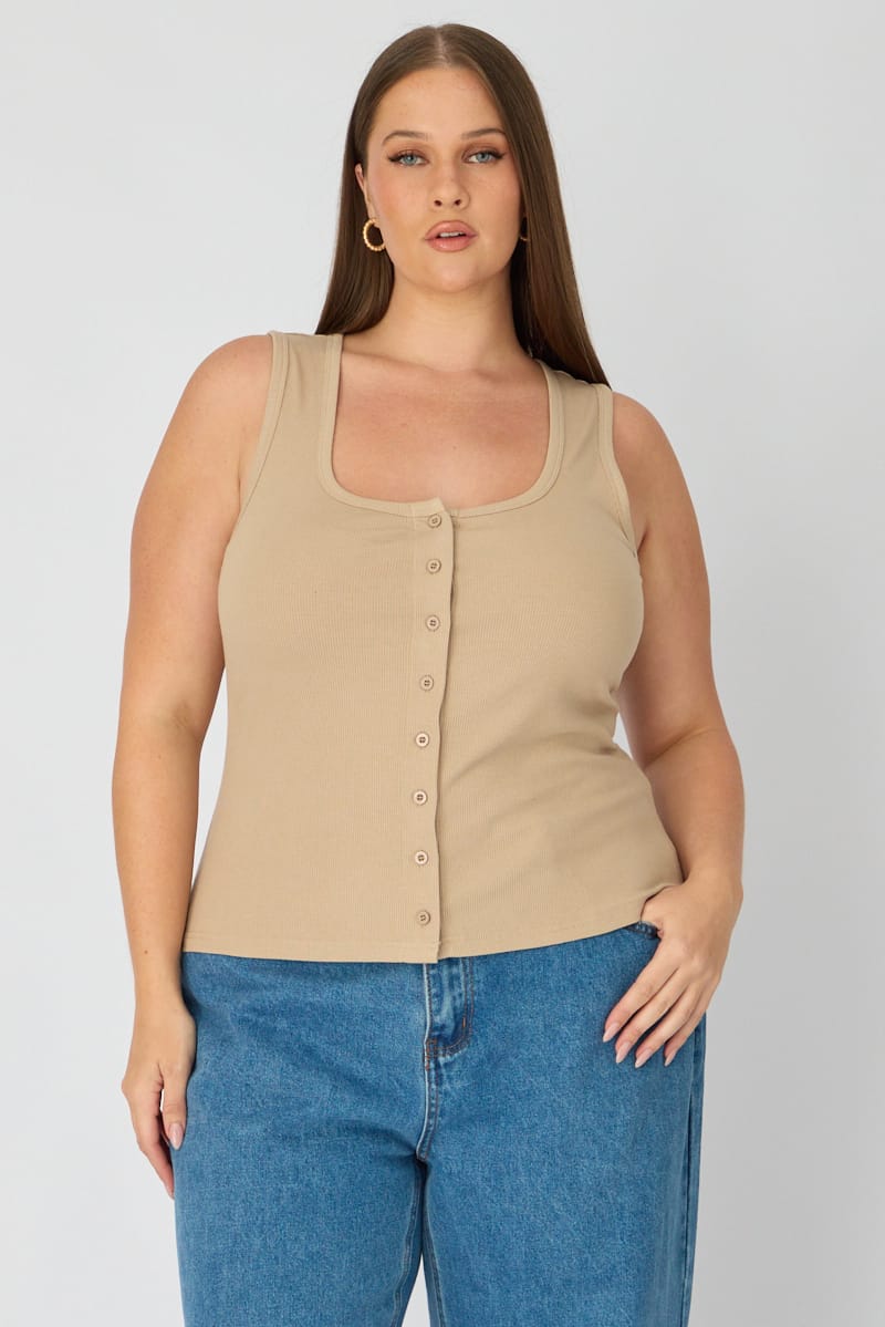 Beige Tank Top Sleeveless Button Front Rib for YouandAll Fashion