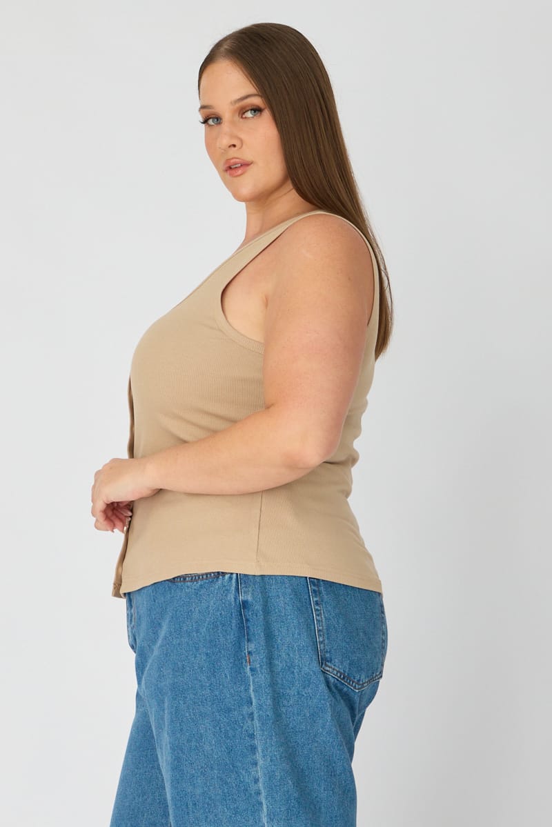 Beige Tank Top Sleeveless Button Front Rib for YouandAll Fashion