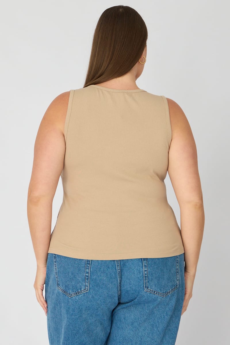 Beige Tank Top Sleeveless Button Front Rib for YouandAll Fashion