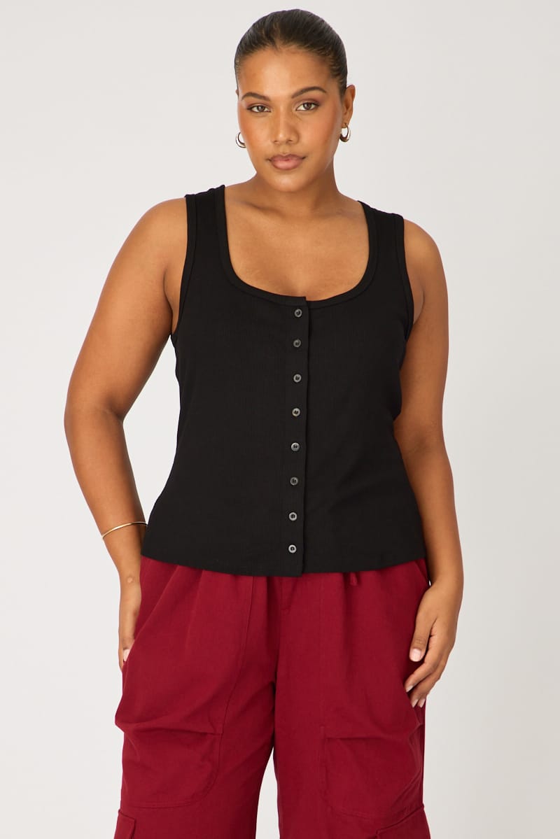 Black Tank Top Sleeveless Button Front Rib for YouandAll Fashion