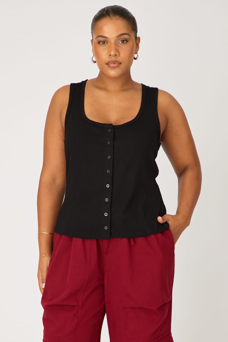 Black Tank Top Sleeveless Button Front Rib for YouandAll Fashion