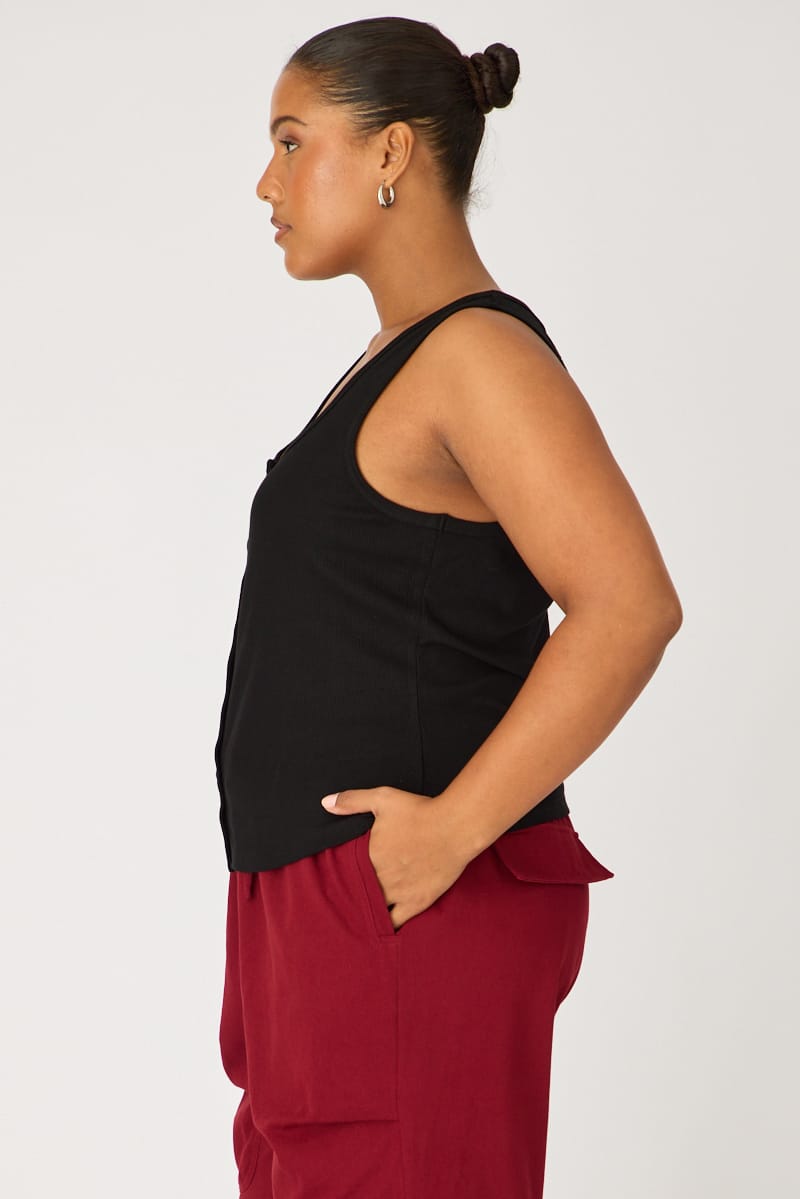 Black Tank Top Sleeveless Button Front Rib for YouandAll Fashion