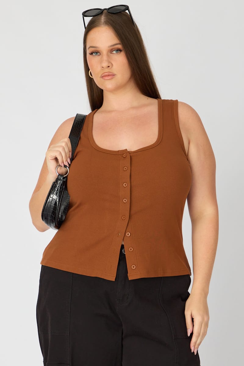 Brown Tank Top Sleeveless Button Front Rib for YouandAll Fashion