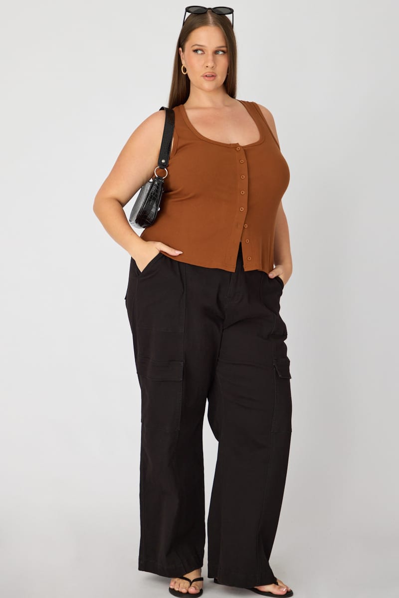 Brown Tank Top Sleeveless Button Front Rib for YouandAll Fashion