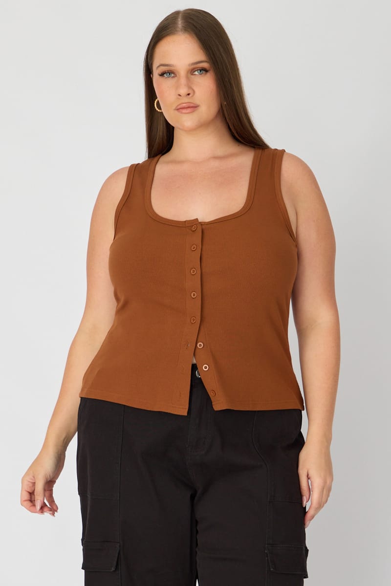 Brown Tank Top Sleeveless Button Front Rib for YouandAll Fashion