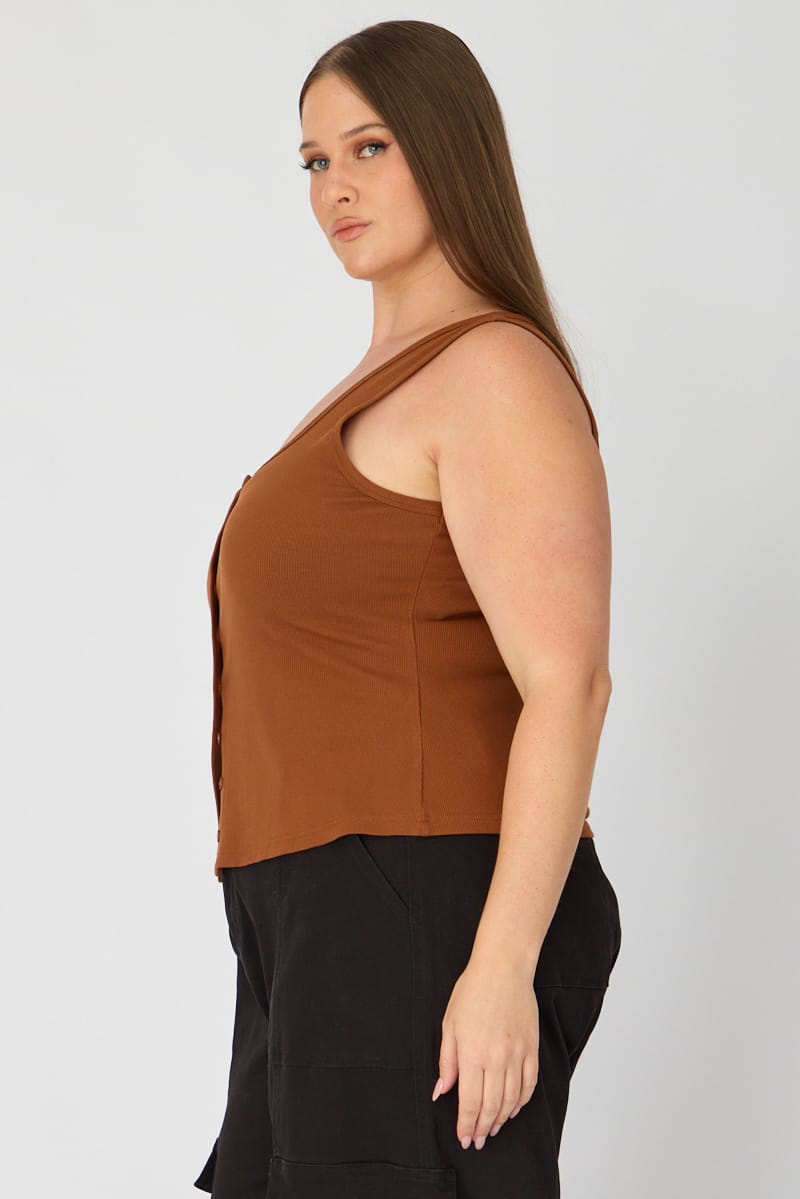 Brown Tank Top Sleeveless Button Front Rib for YouandAll Fashion