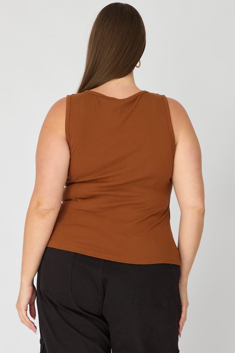 Brown Tank Top Sleeveless Button Front Rib for YouandAll Fashion