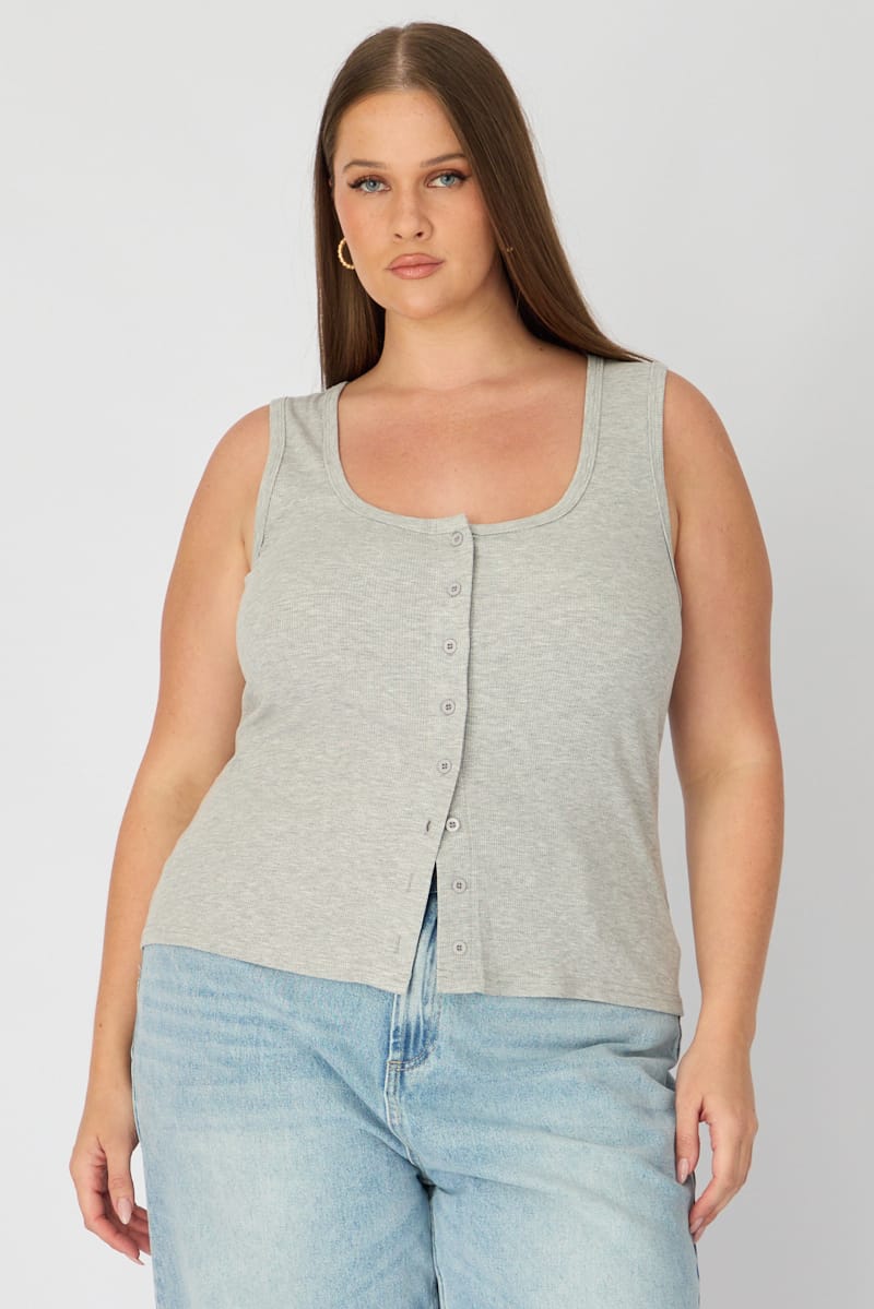 Grey Tank Top Sleeveless Button Front Rib for YouandAll Fashion