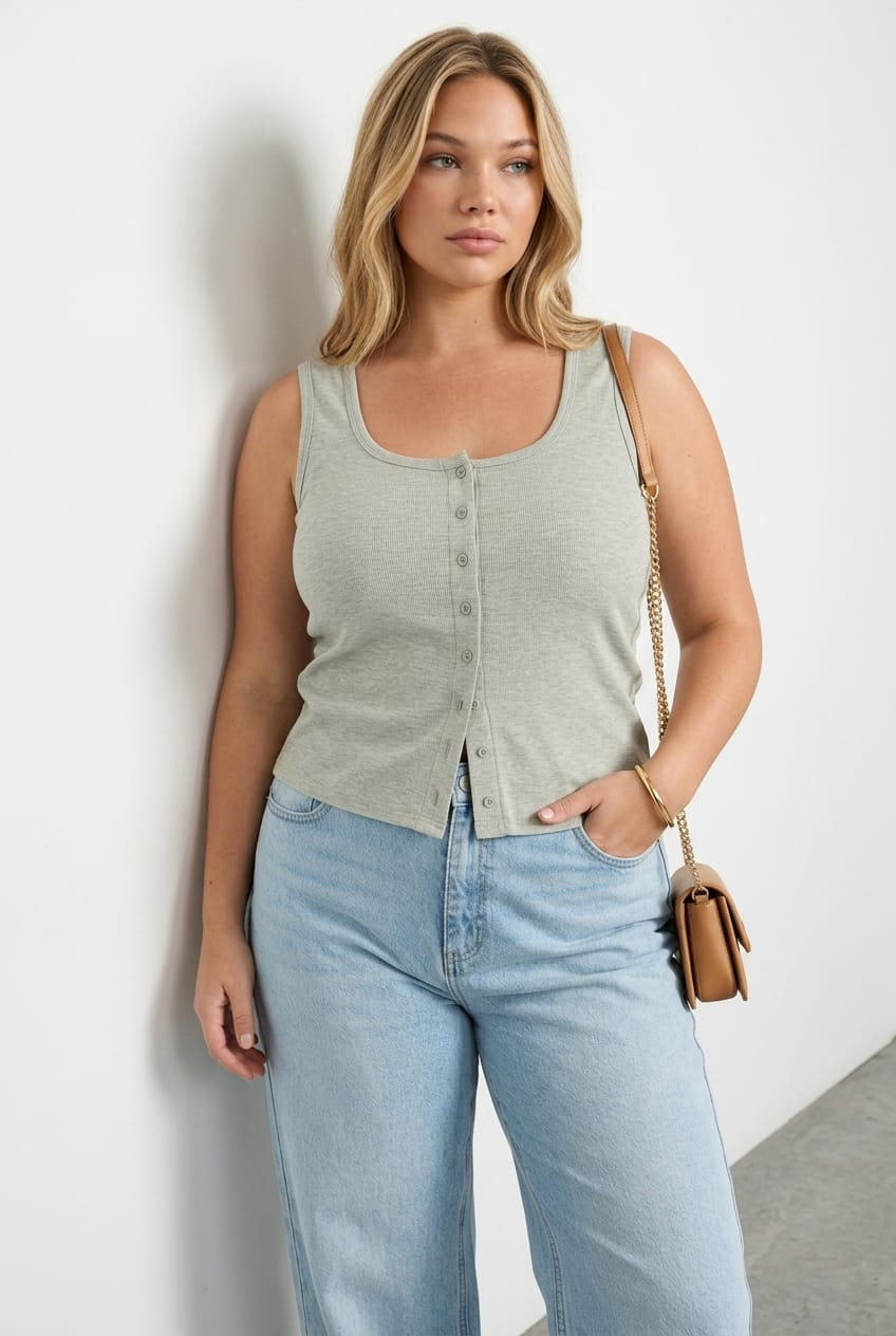Grey Tank Top Sleeveless Button Front Rib for YouandAll Fashion