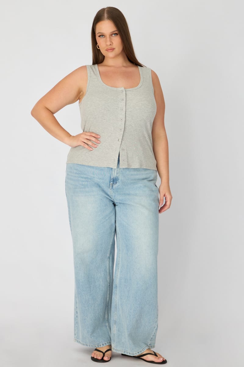 Grey Tank Top Sleeveless Button Front Rib for YouandAll Fashion