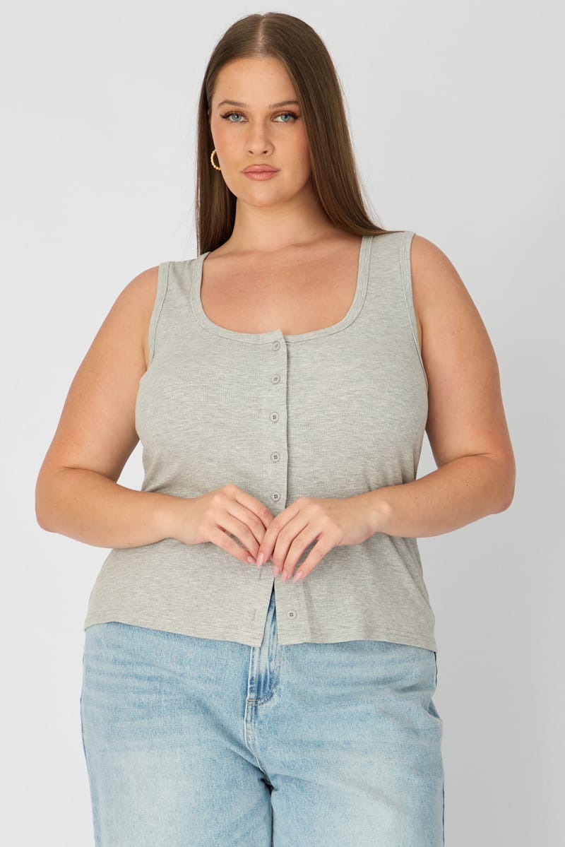 Grey Tank Top Sleeveless Button Front Rib for YouandAll Fashion
