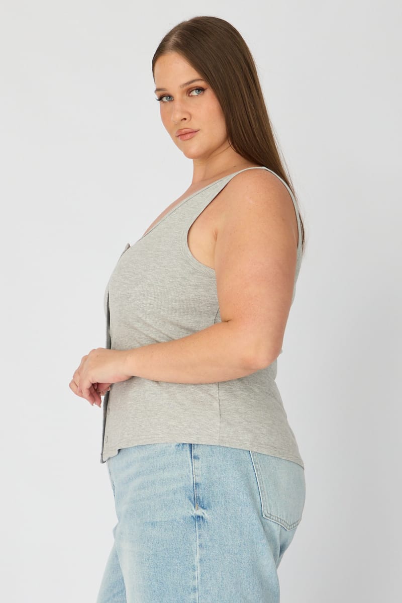 Grey Tank Top Sleeveless Button Front Rib for YouandAll Fashion