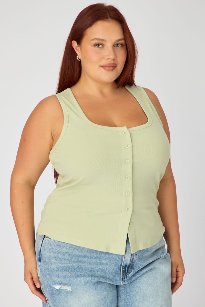 Green Tank Top Sleeveless Button Front Rib for YouandAll Fashion