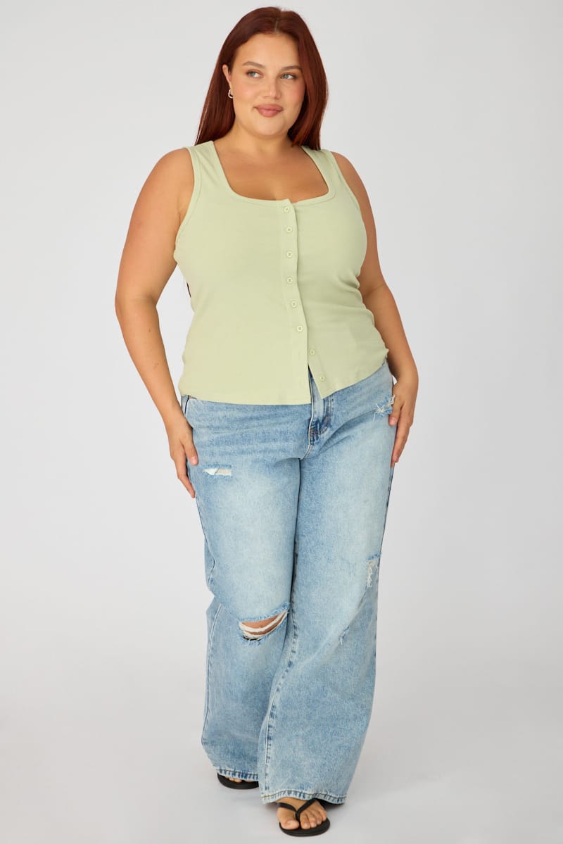 Green Tank Top Sleeveless Button Front Rib for YouandAll Fashion