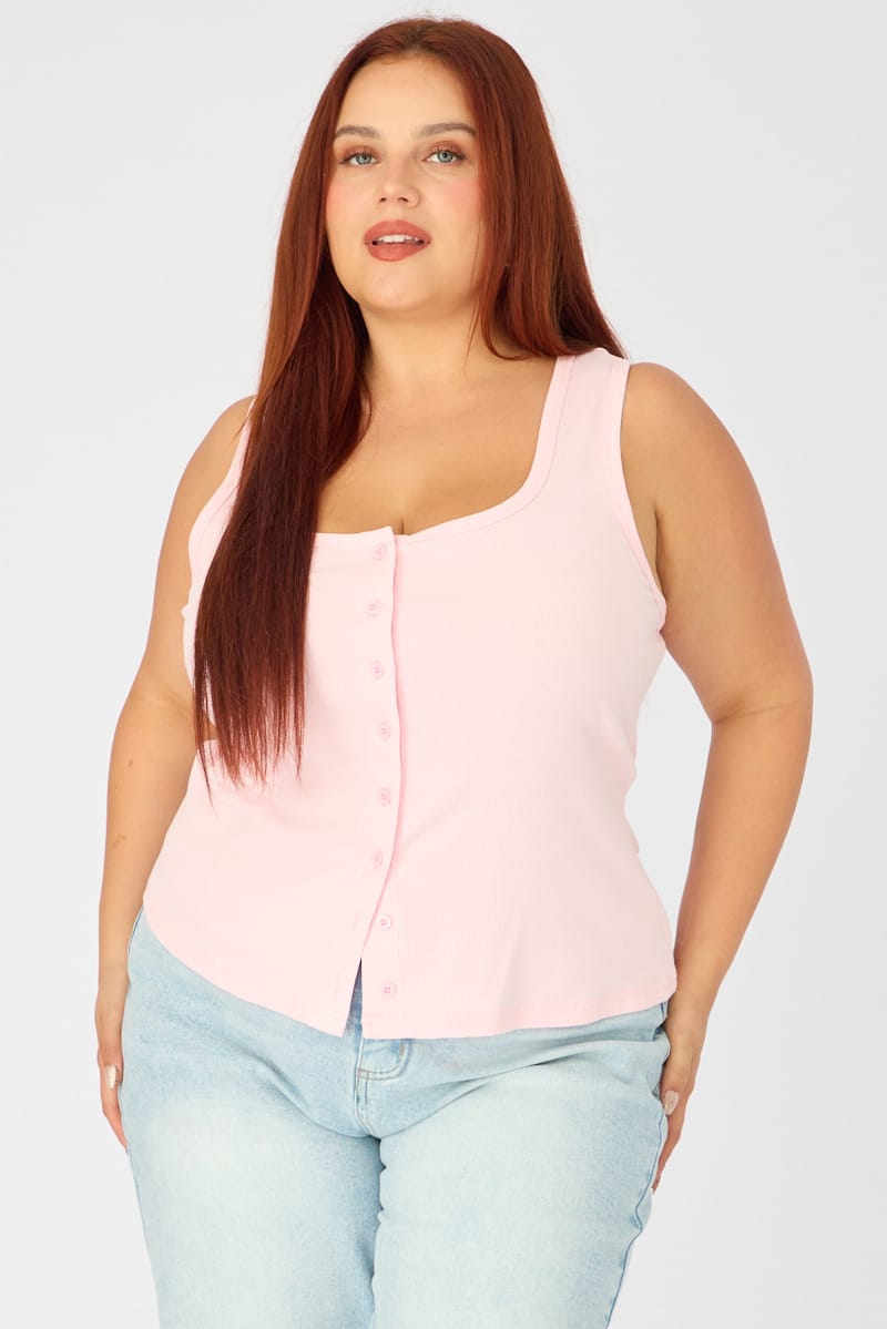 Pink Tank Top Sleeveless Button Front Rib for YouandAll Fashion