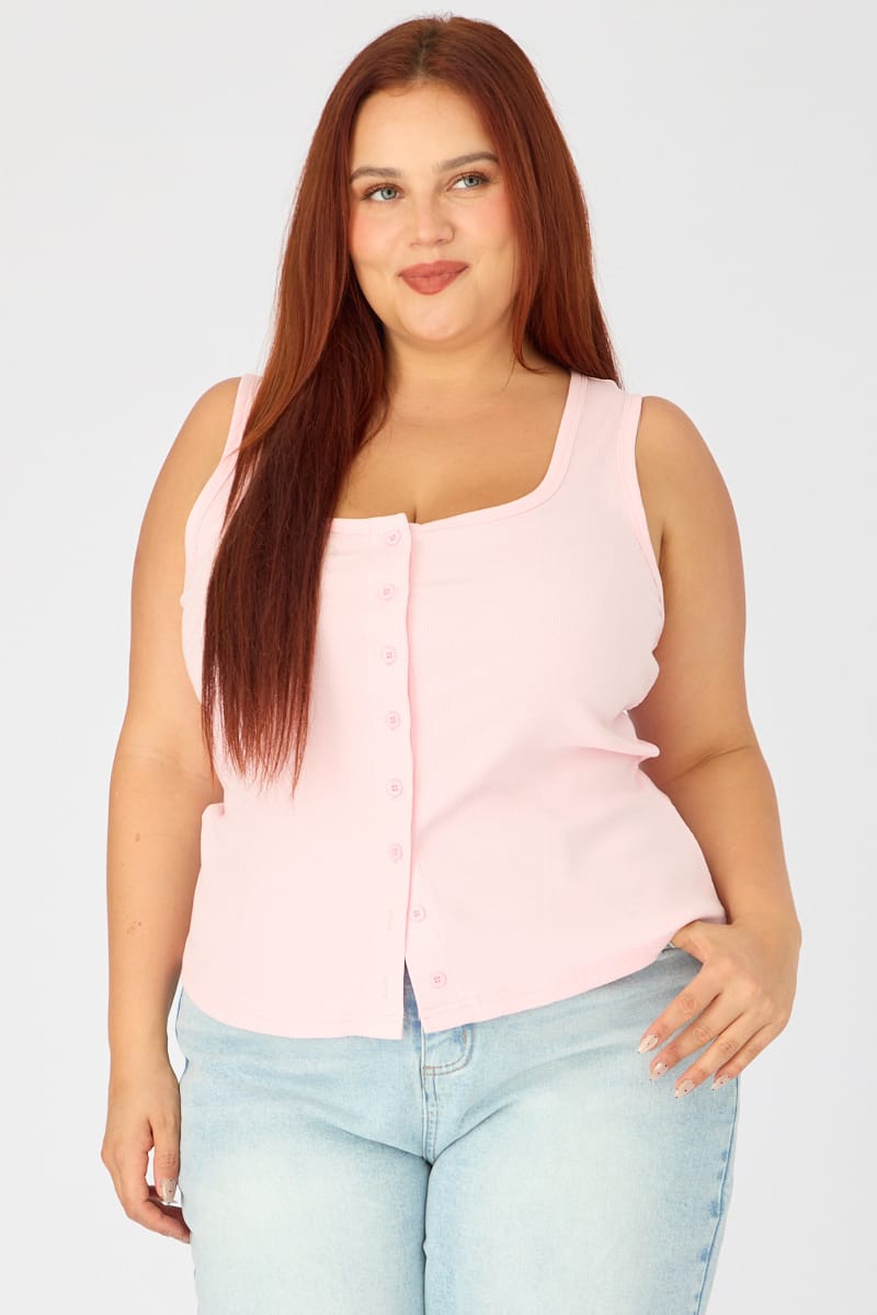 Pink Tank Top Sleeveless Button Front Rib for YouandAll Fashion