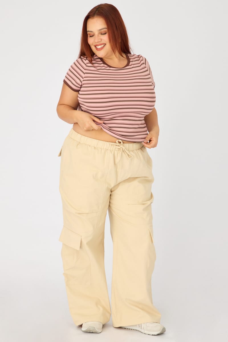 Beige Cargo Pants Drawstring Waist for YouandAll Fashion