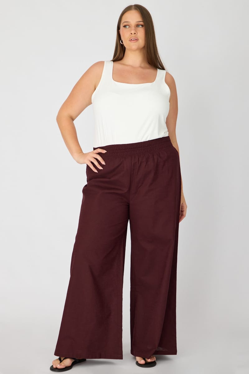 Brown Wide Leg Pants Shirred Waist for YouandAll Fashion