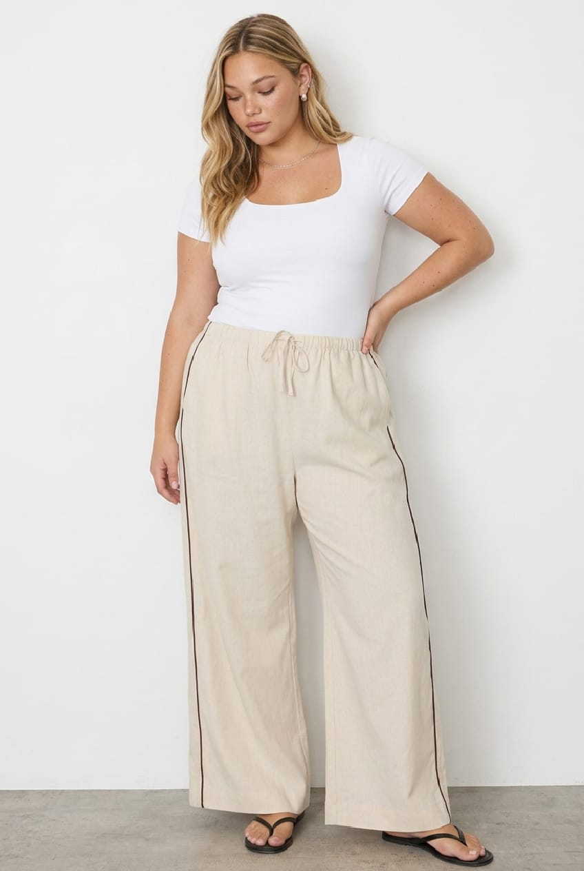 Beige Wide Leg Pants Side Stripe for YouandAll Fashion