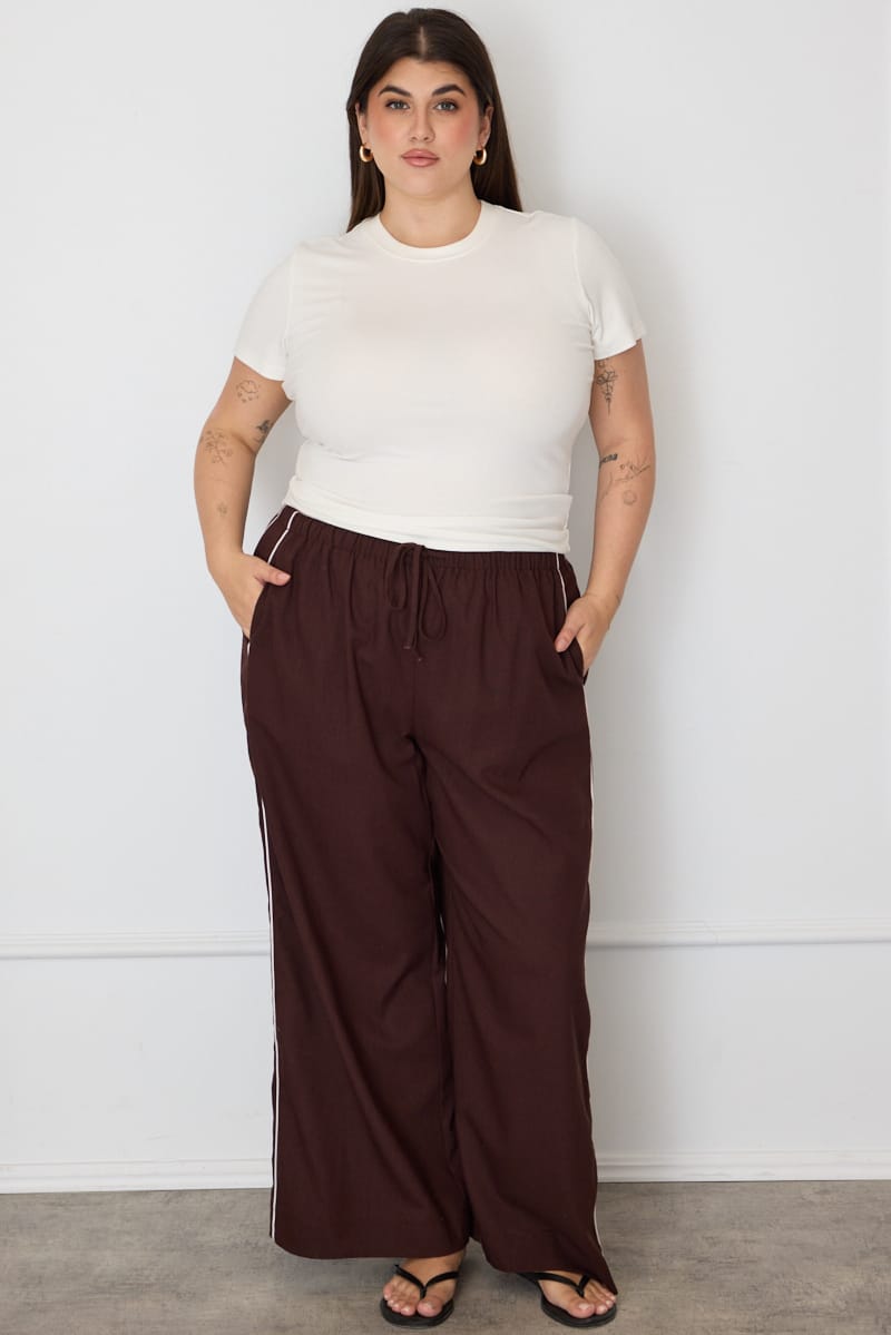 Brown Wide Leg Pants Side Stripe for YouandAll Fashion