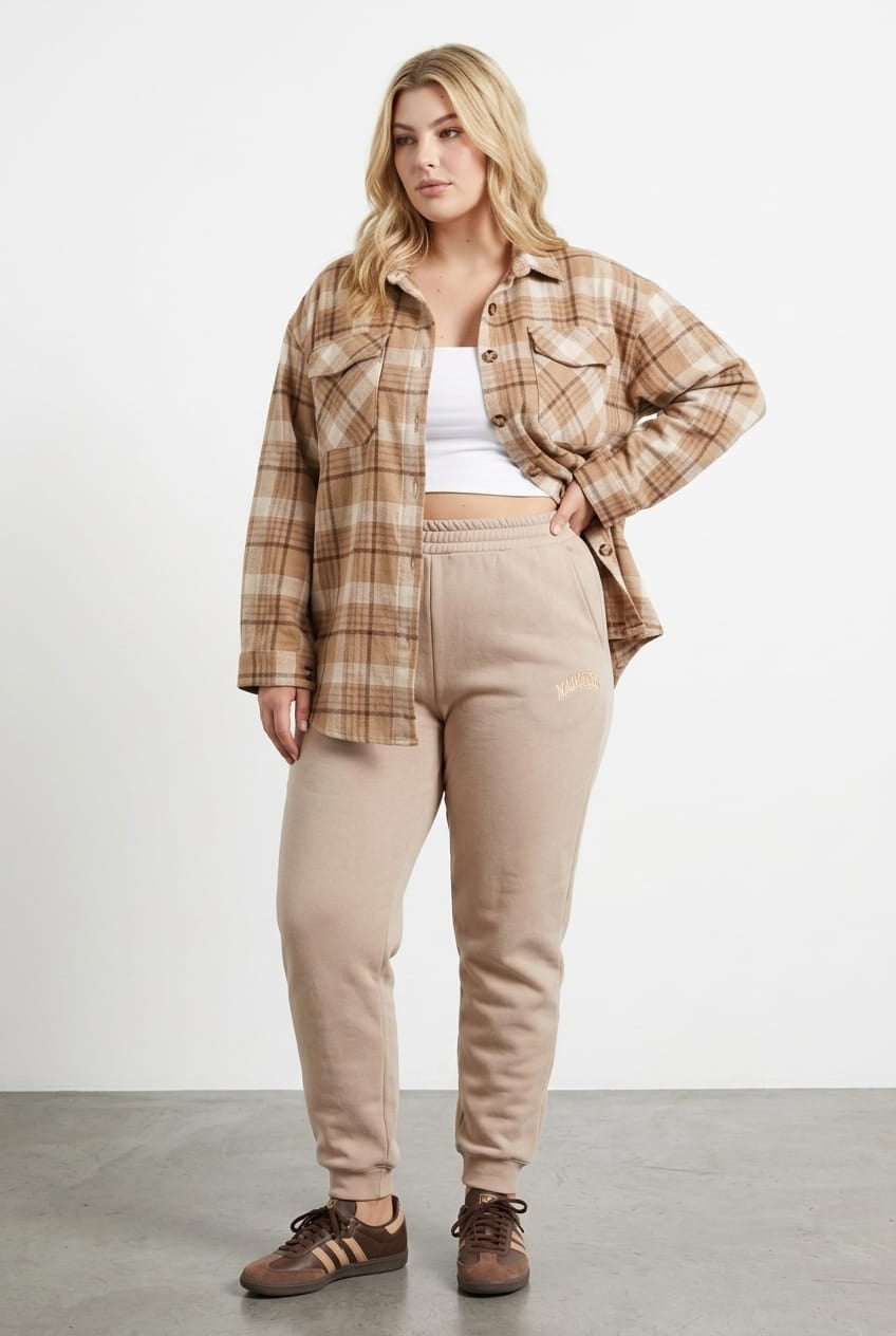 Beige Track Pants High Rise Elastic Waist