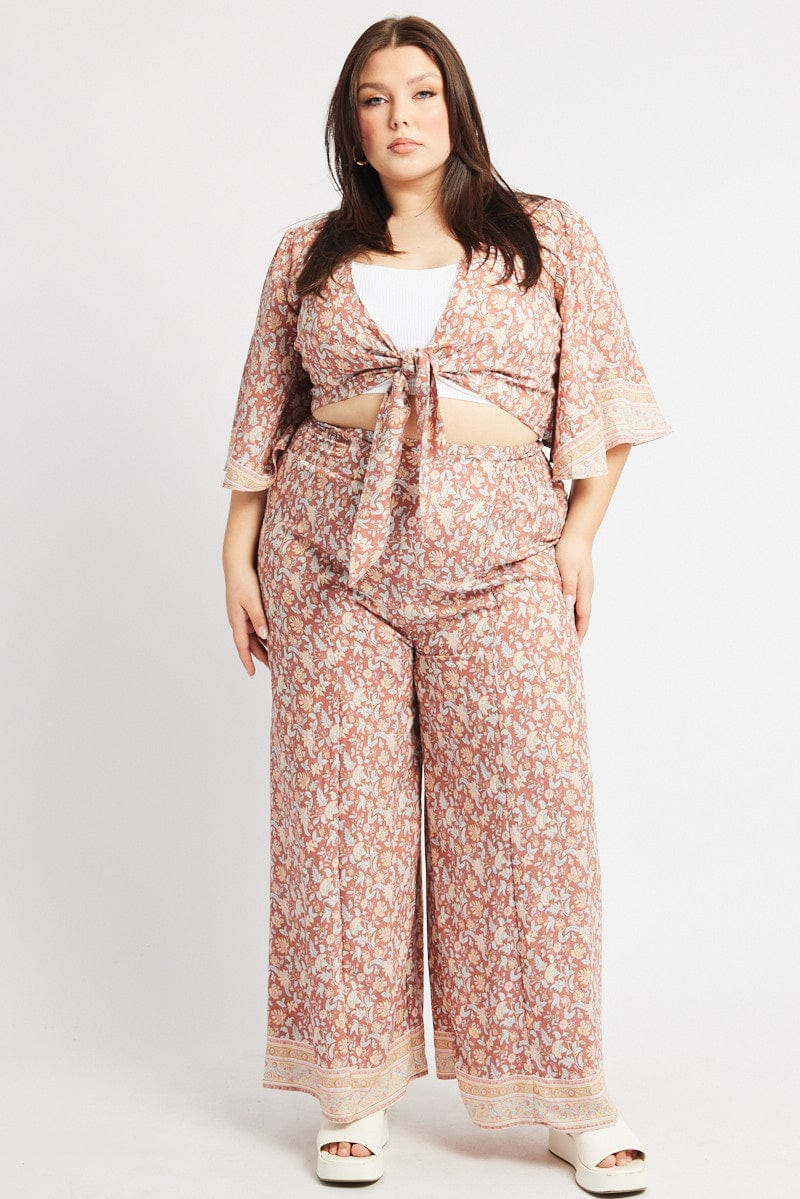 Multi Boho Elastic Waist Border Wide Leg Pants You All