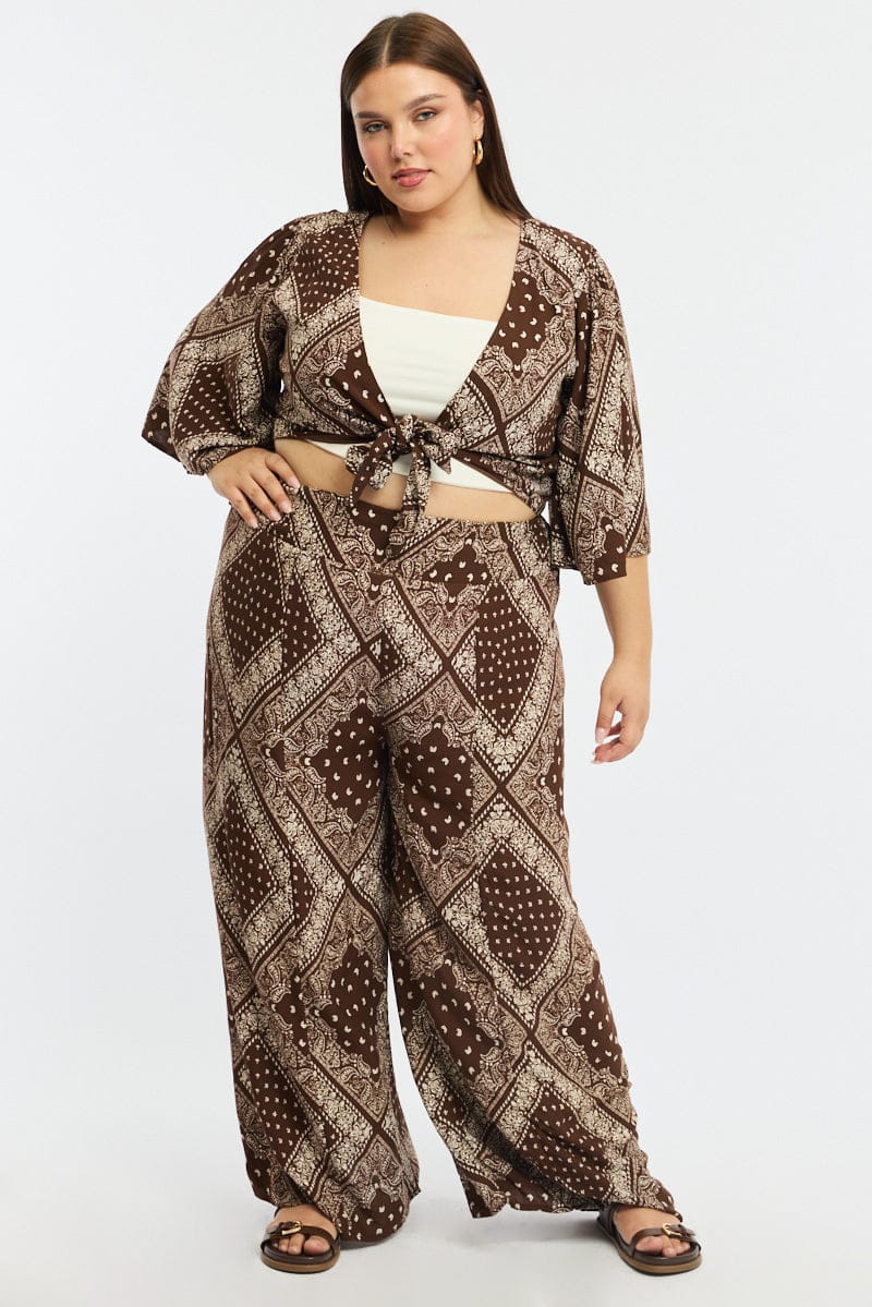 Brown Paisley Elastic Waist Wide Leg Pants for YouandAll Fashion