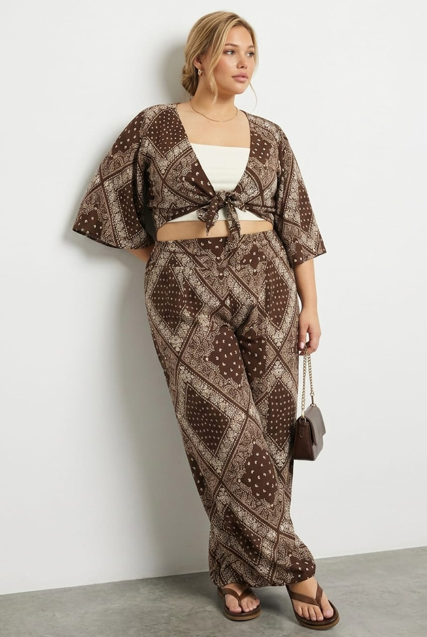 Brown Paisley Elastic Waist Wide Leg Pants for YouandAll Fashion