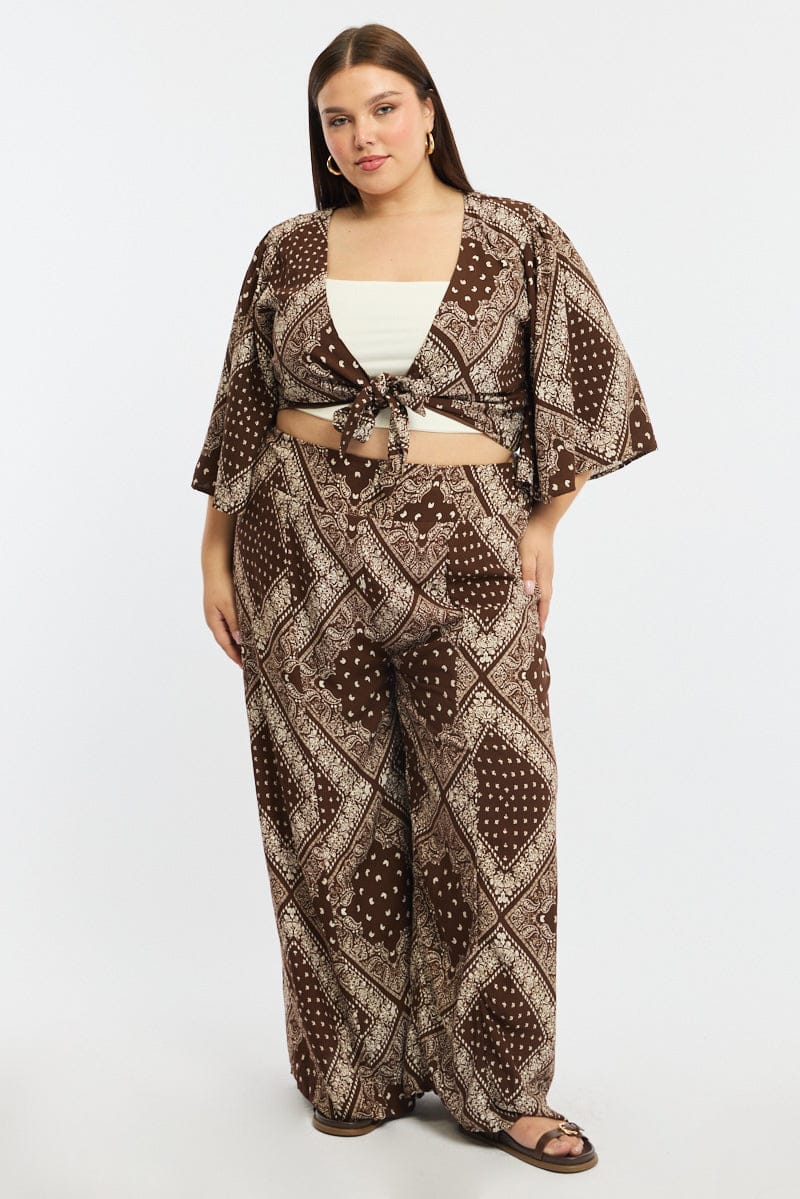 Brown Paisley Elastic Waist Wide Leg Pants for YouandAll Fashion