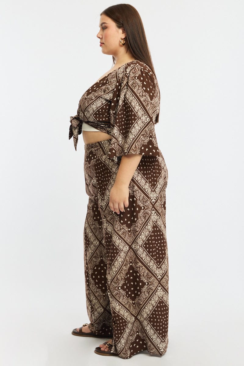 Brown Paisley Elastic Waist Wide Leg Pants for YouandAll Fashion
