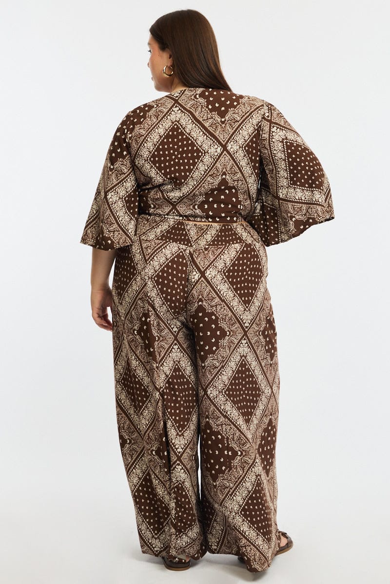 Brown Paisley Elastic Waist Wide Leg Pants for YouandAll Fashion