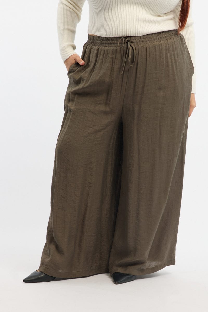 Brown Tie Waist Textured Wide Leg Pants for YouandAll Fashion