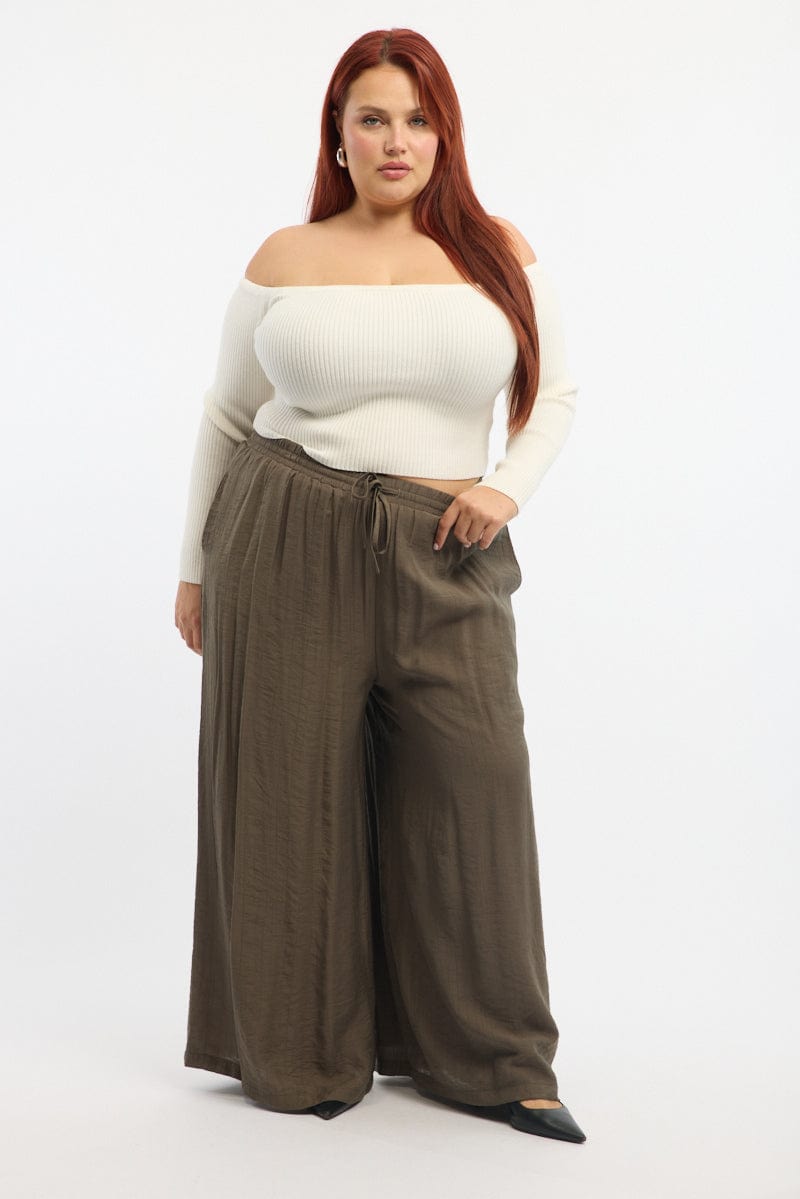 Brown Tie Waist Textured Wide Leg Pants for YouandAll Fashion