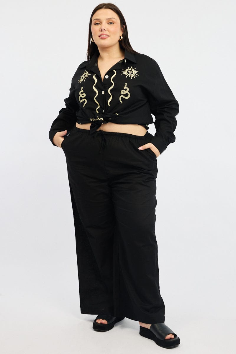 Black Linen Blend Drawstring Waist Wide Leg Pants for YouandAll Fashion